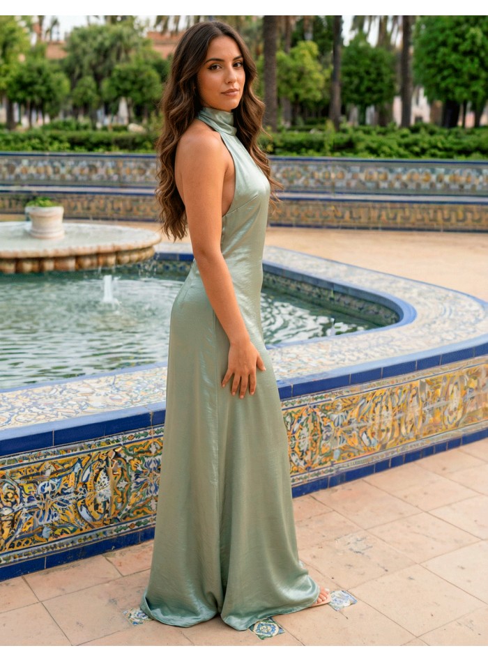 Pastel green satin graduation dress with halter...