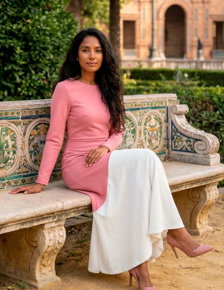 Vestido midi bicolor rosa y beige pastel con bajo de volante