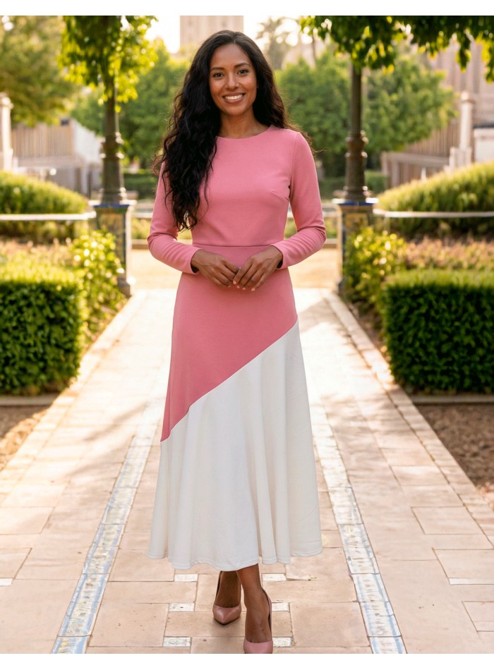 Pink and pastel beige two-tone midi dress with...