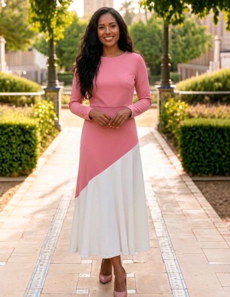 Pink and pastel beige two-tone midi dress with ruffle hemline