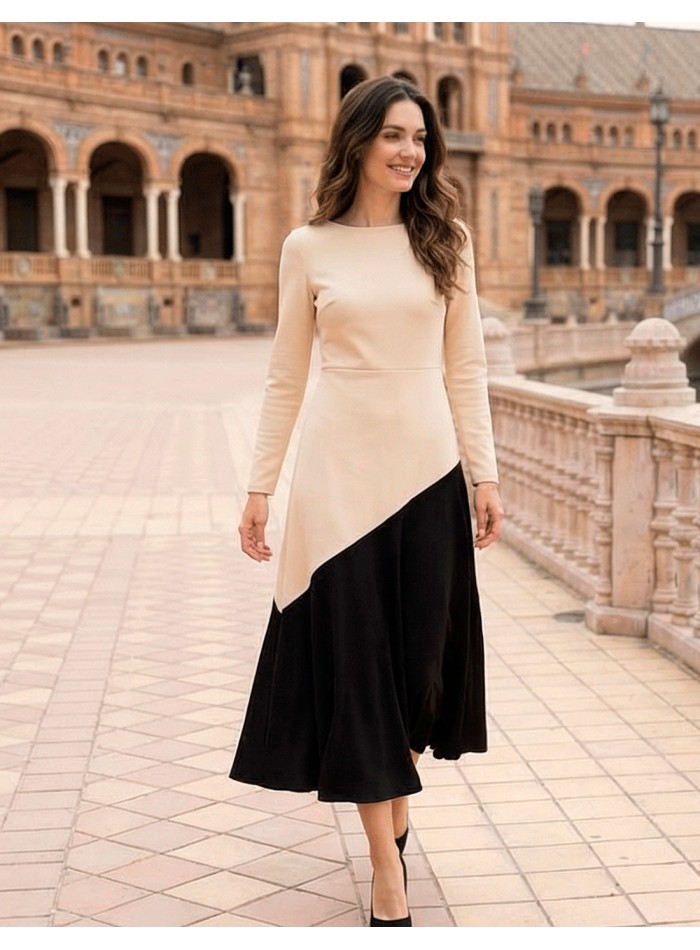 Bicolor beige and black midi dress with ruffle...
