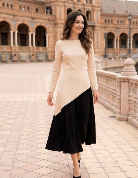 Robe midi bicolore beige et noire avec ourlet à volants
