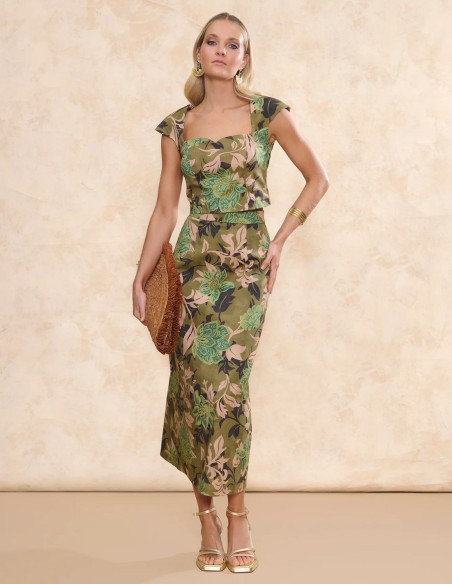 Green printed fabric midi skirt with flared cut for guest