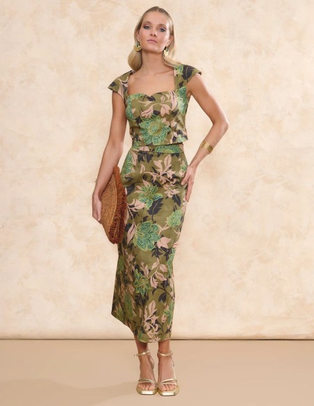 Haut à encolure carrée en tissu imprimé vert