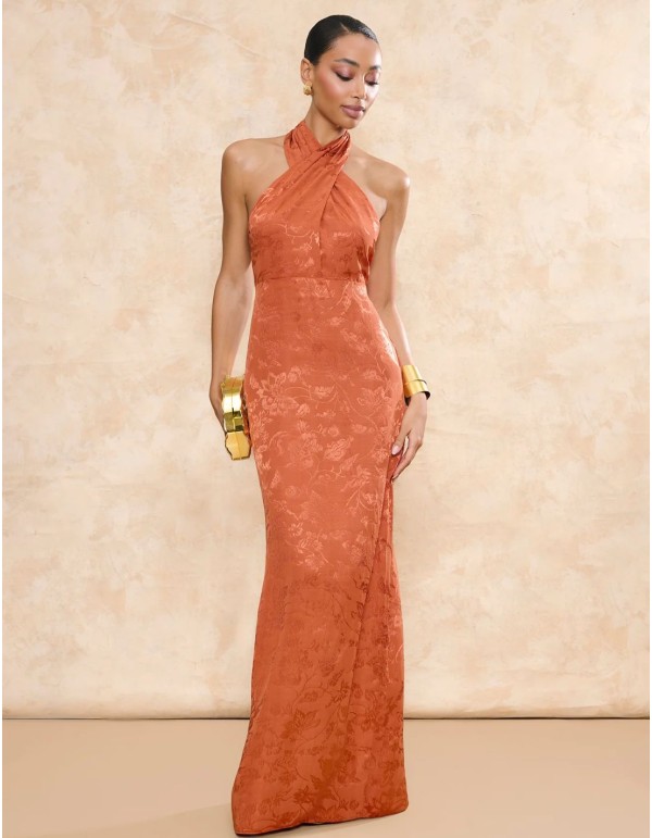 Long orange jacquard jacquard fabric guest dress with...
