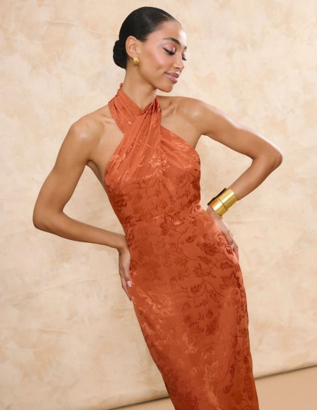 Long orange jacquard jacquard fabric guest dress with halter neckline
