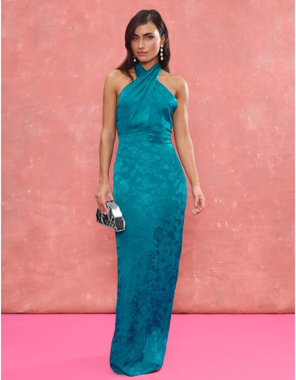 Long blue jacquard jacquard fabric guest dress with...