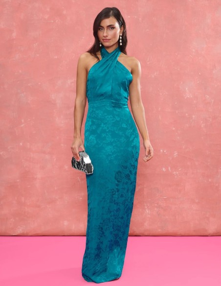 Long blue jacquard jacquard fabric guest dress with halter neckline