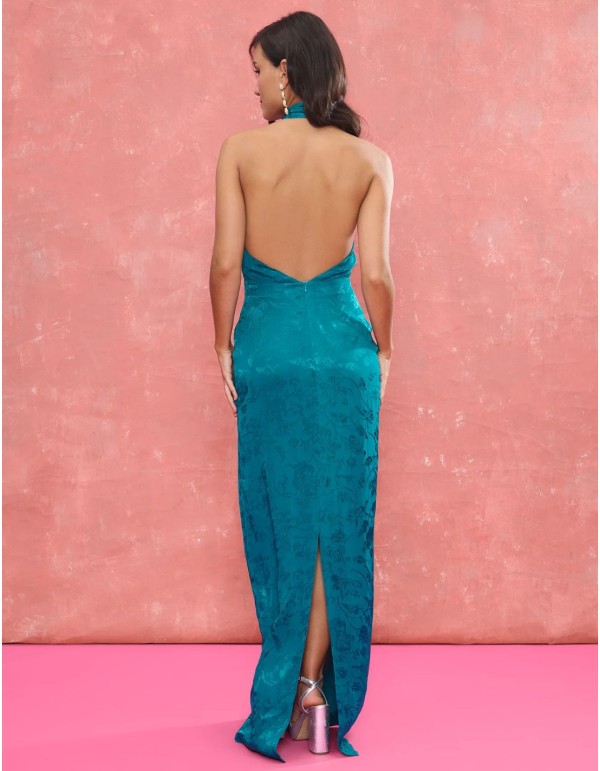 Long blue jacquard jacquard fabric guest dress with... 2