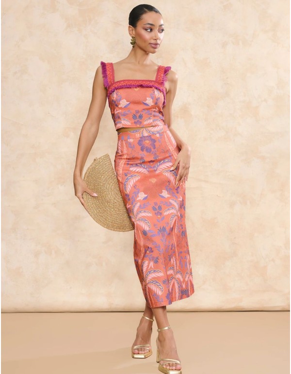 Coral print fabric midi skirt with flared cut for guest