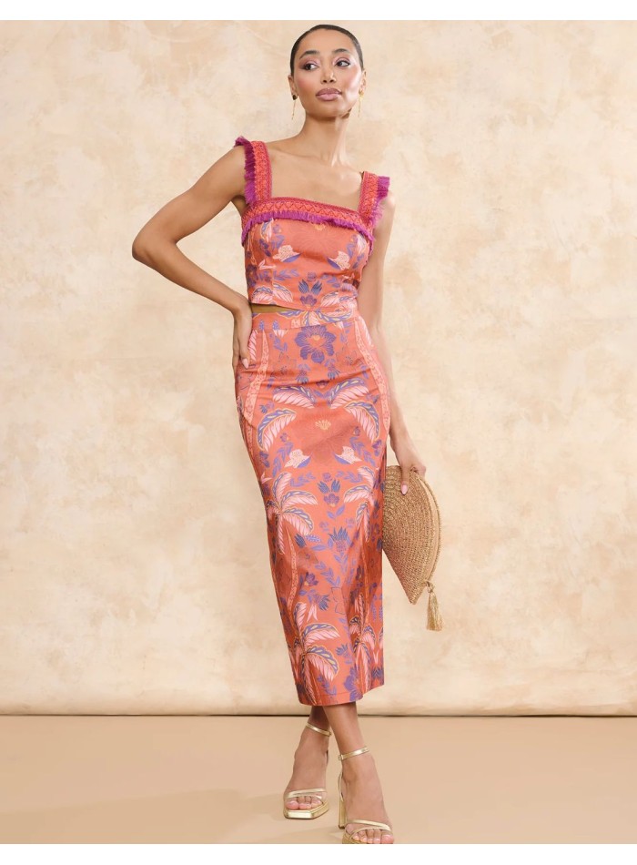 Coral print fabric midi skirt with flared cut...