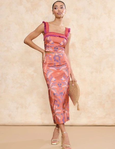 Coral print fabric midi skirt with flared cut for guest