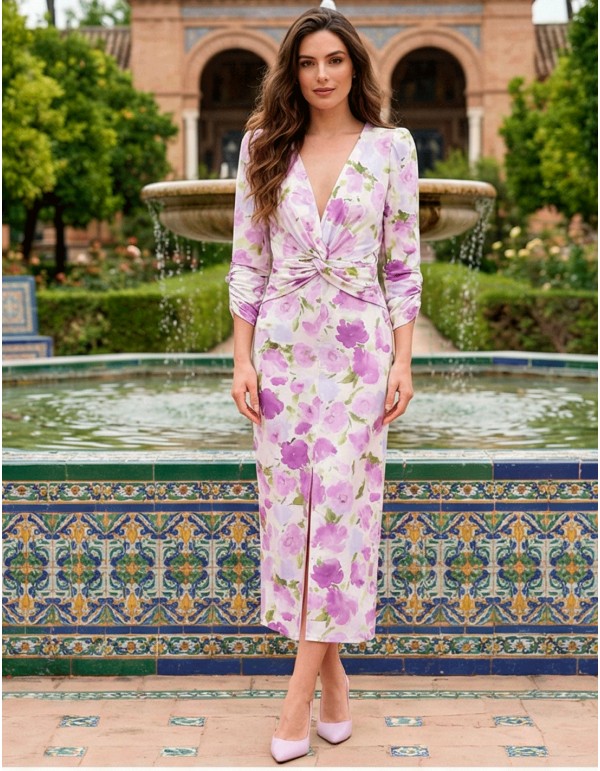 Stretch printed dress with lilac flowers 2