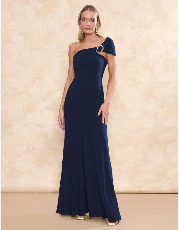 Long silk knit party dress with asymmetric neckline and...