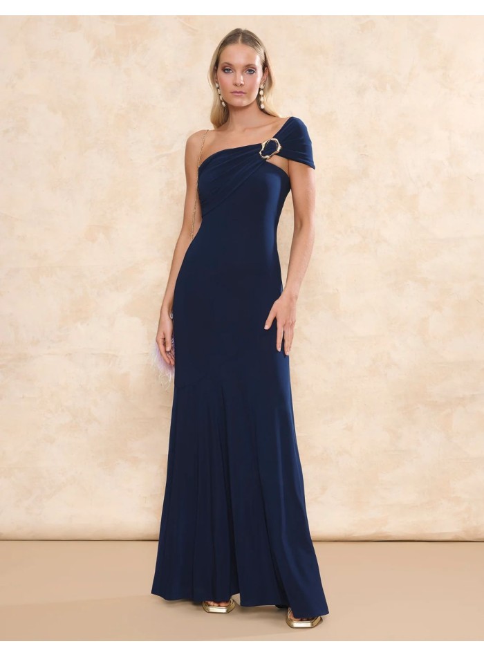 Long silk knit party dress with asymmetric...