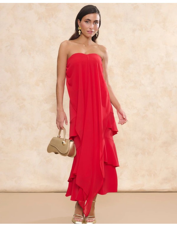 Red crepe midi guest skirt with overlapping ruffled ruffles