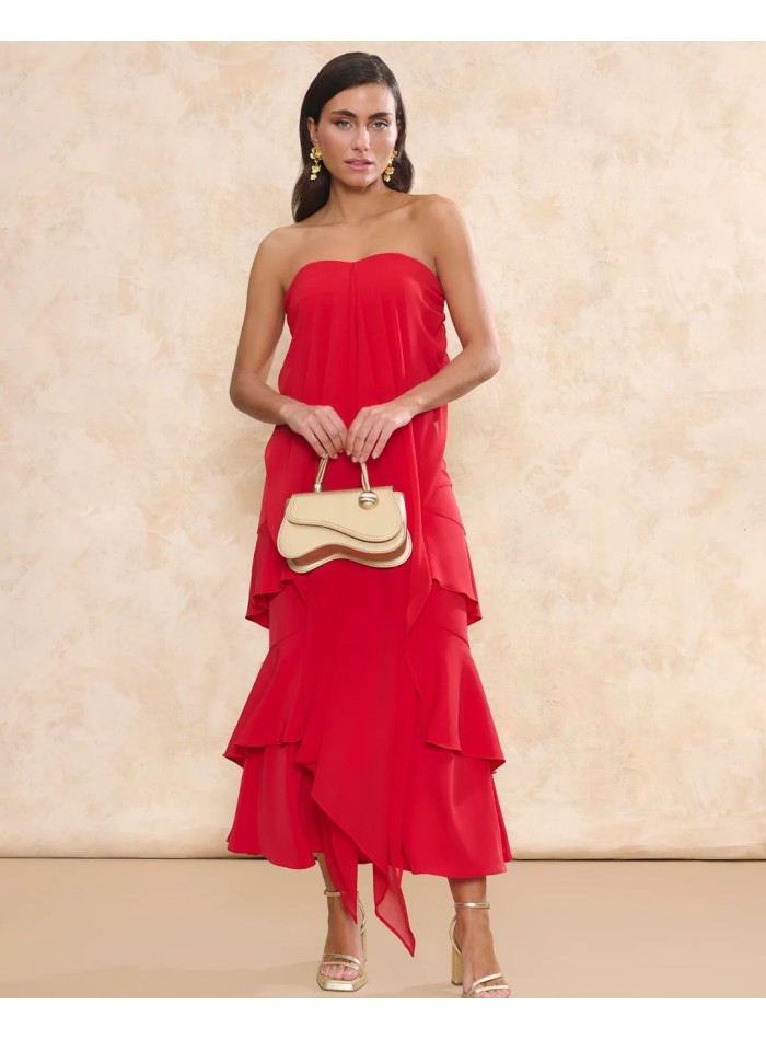 Red crepe midi guest skirt with overlapping...