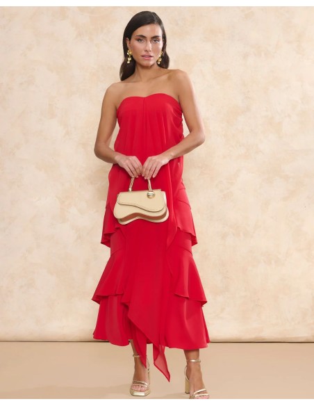 Red crepe midi guest skirt with overlapping ruffled ruffles
