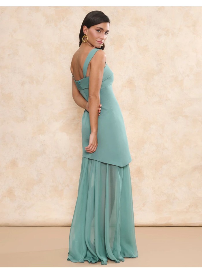 Long guest dress with asymmetric skirt and gauze