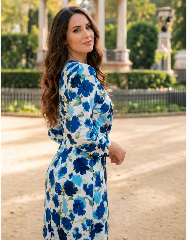 Vestido estampado elástico con flores azul marino y azul cielo
