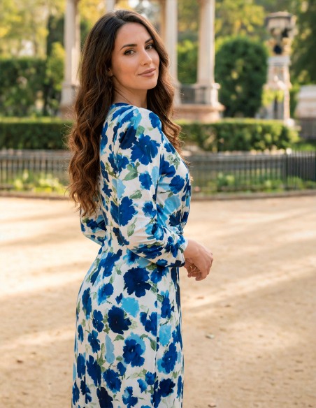 Robe imprimée en stretch avec fleurs bleu marine et bleu ciel
