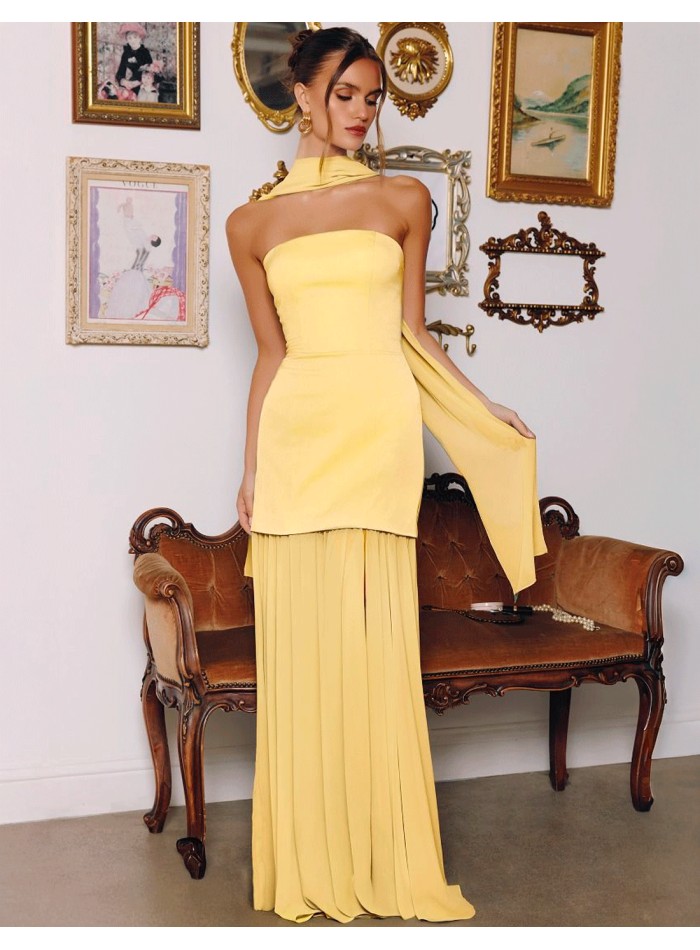 Pastel yellow strapless ball gown with chiffon...