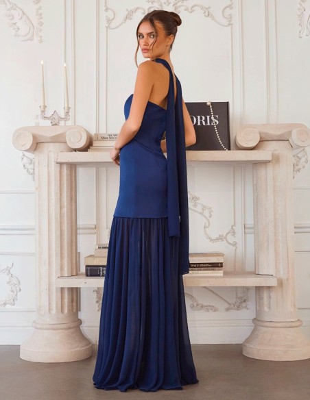 Vestido de invitada boda azul marino con palabra de honor