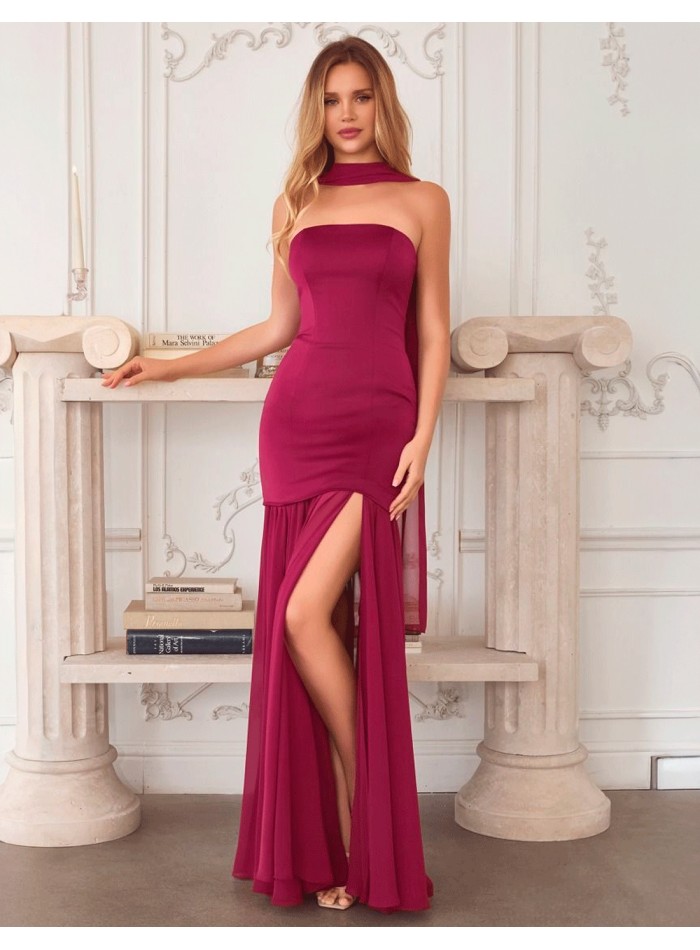 Vestido de fiesta largo color cereza palabra de honor con falda de gasa para hermana de la novia