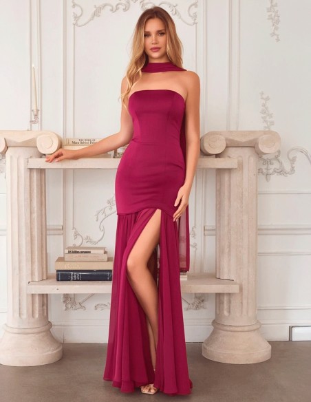 Long cherry colored strapless ball gown with chiffon skirt