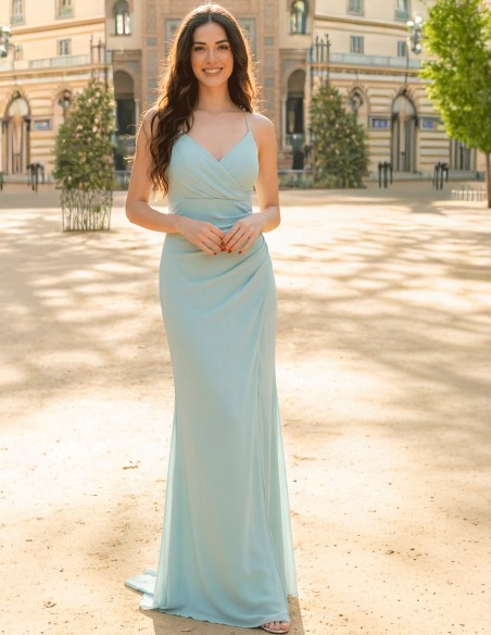 Robe de soirée longue vert menthe avec fines bretelles et dos croisé