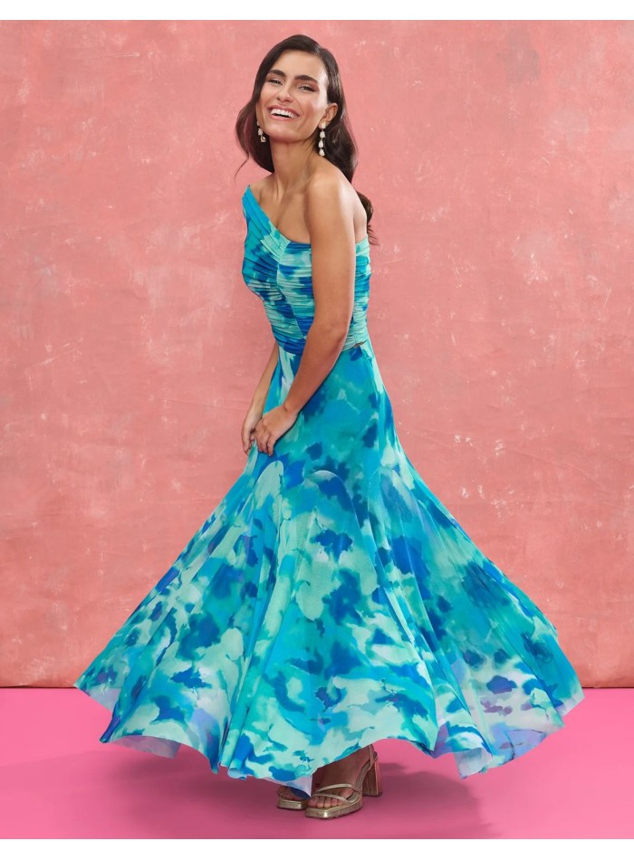 Turquoise printed fabric midi skirt with...