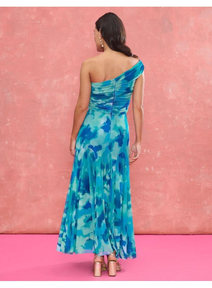 Turquoise printed fabric midi skirt with...