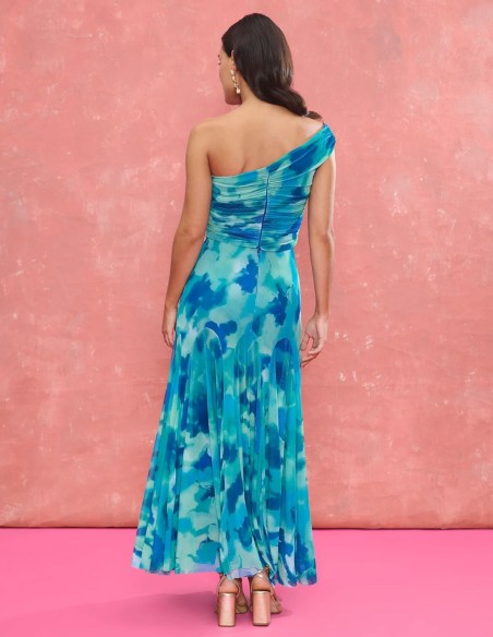 Turquoise printed fabric midi skirt with circular godets cut for guest