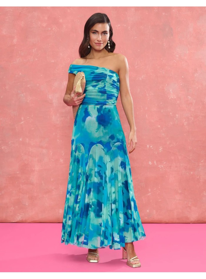 Turquoise printed fabric midi skirt with...