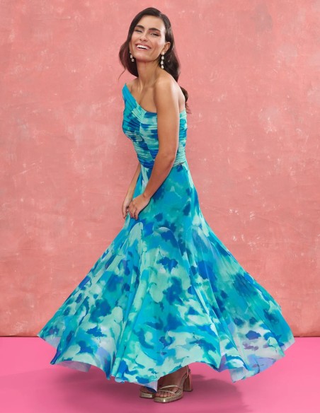 Turquoise printed fabric draped asymmetrical neckline top with turquoise printed fabric