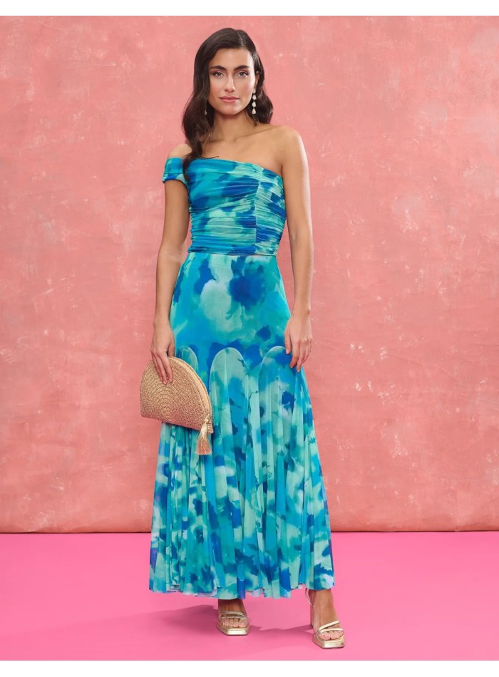 Turquoise printed fabric draped asymmetrical...