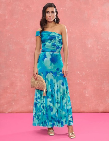 Turquoise printed fabric draped asymmetrical neckline top with turquoise printed fabric