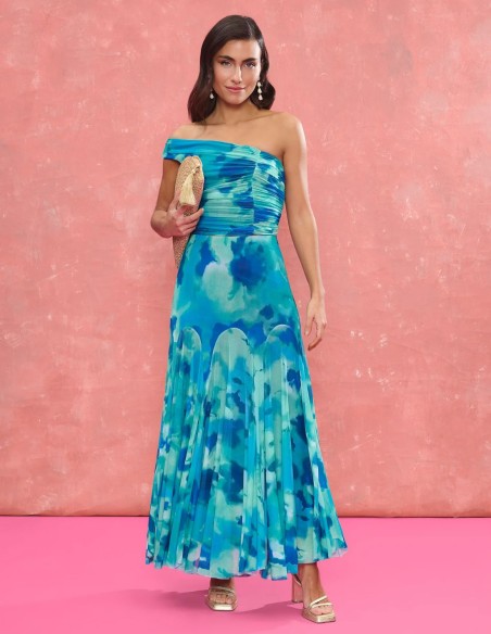 Turquoise printed fabric draped asymmetrical neckline top with turquoise printed fabric