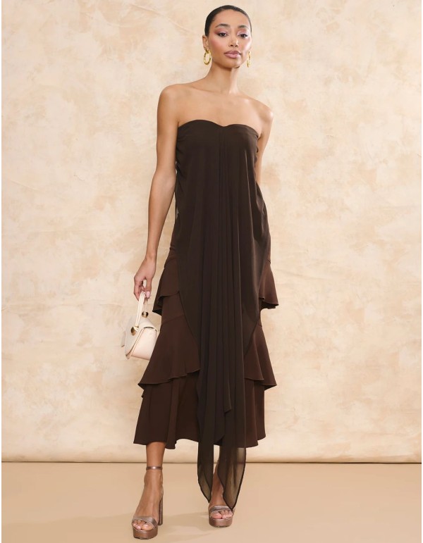 Brown crepe midi guest skirt with overlapping ruffles 2