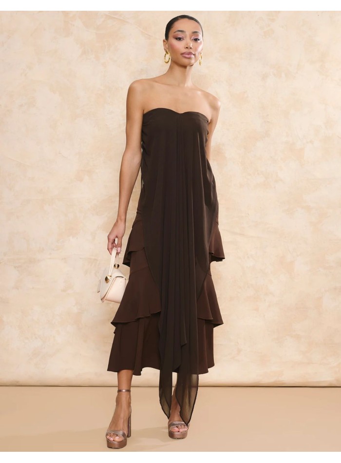 Brown crepe midi guest skirt with overlapping...