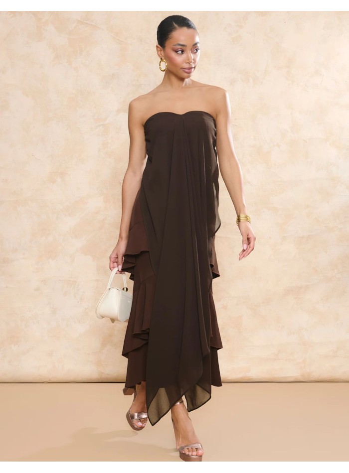 Brown crepe midi guest skirt with overlapping...