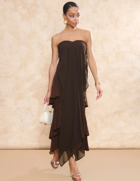 Falda de invitada midi marrón en tejido crepe con volantes superpuestos