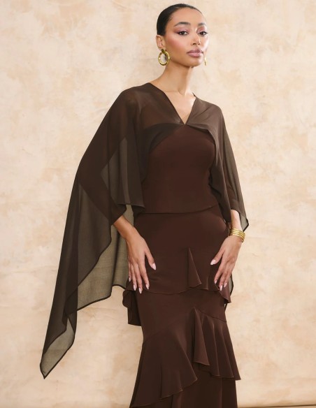 Brown crepe midi guest skirt with overlapping ruffles
