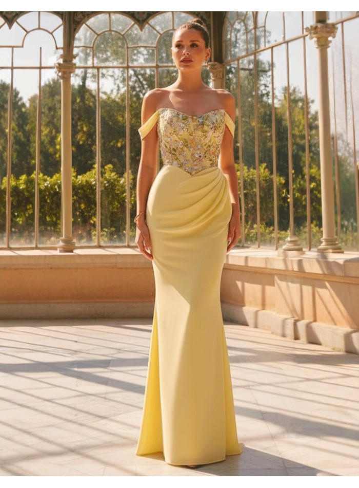 Long ball gown with Bardot neckline, floral...