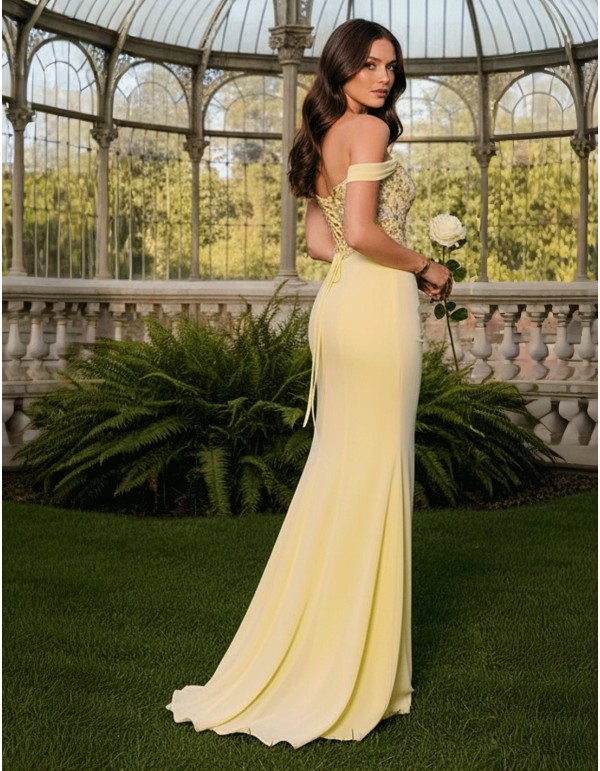 Long ball gown with Bardot neckline, floral embroidery...