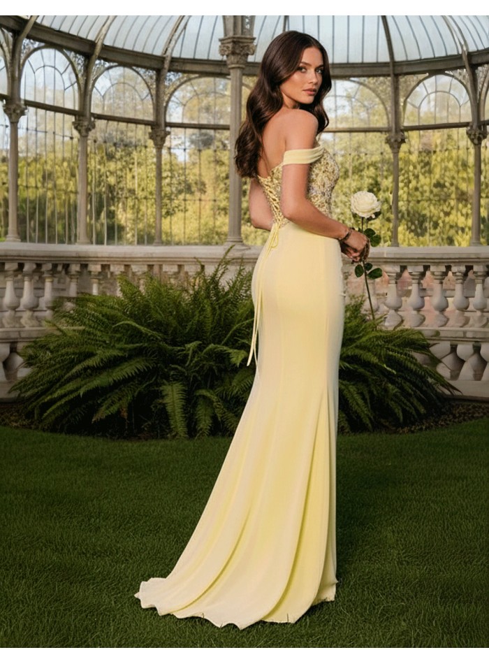 Long ball gown with Bardot neckline, floral...
