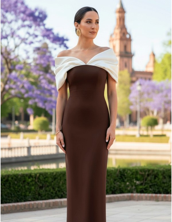 Two-tone beige and brown midi dress with draped Bardot... 2