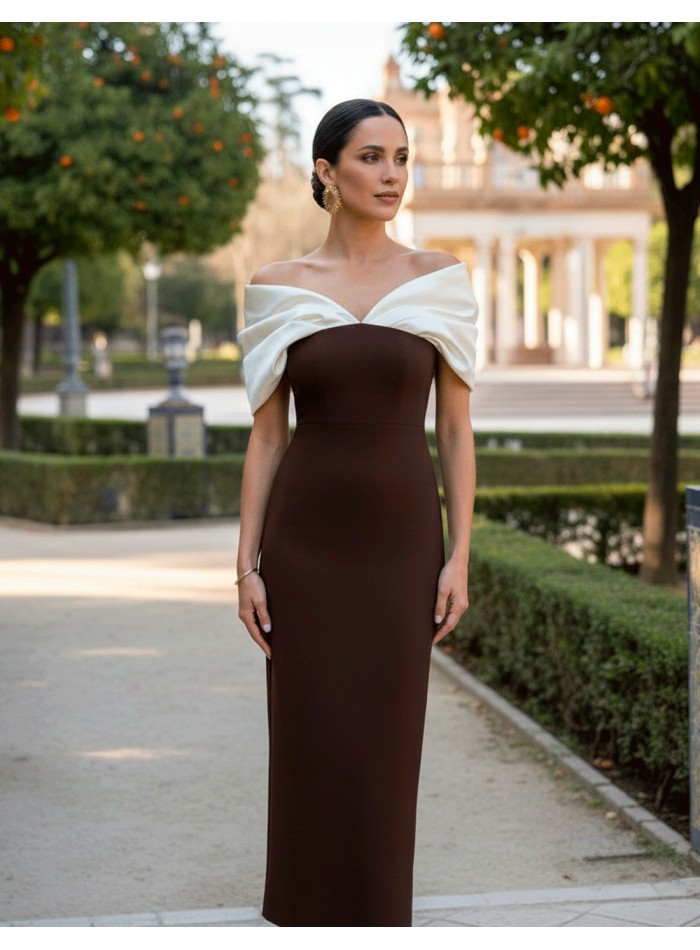 Vestido midi bicolor beige y marrón con escote Bardot drapeado