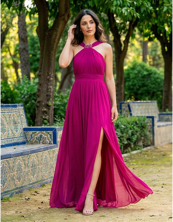 Bougainvillea colored long party dress with halter... 2