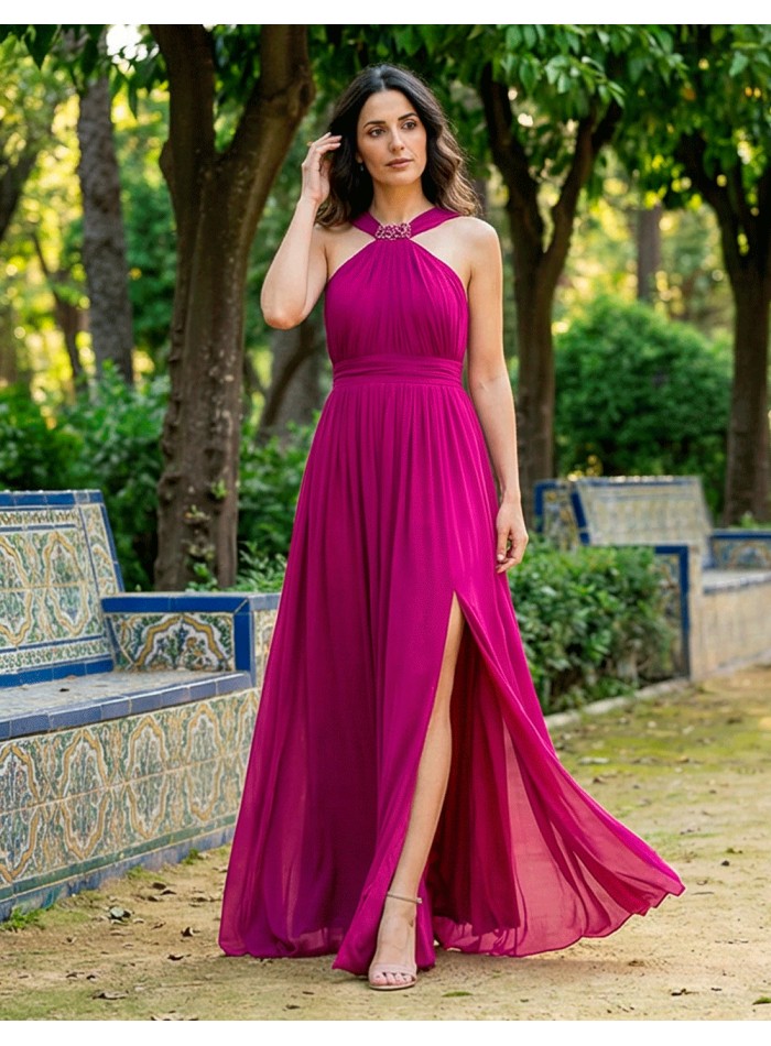 Robe de fête longue de couleur bougainvillier...